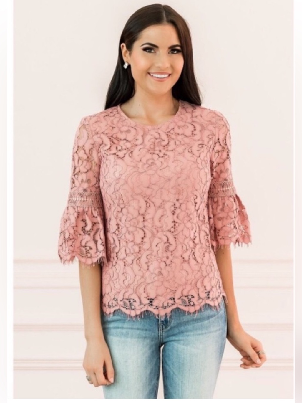 Rachel Parcell Dusty Pink Lace Bell-Sleeve Blouse Size M